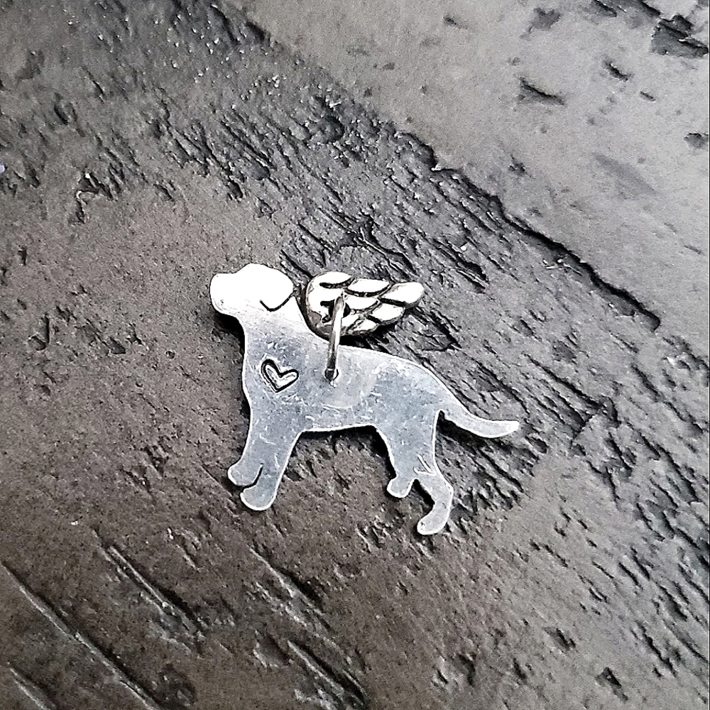 Doggo Memorial Charm-Silver Angel Wing on Engravable Pup Shape Charm with Heart